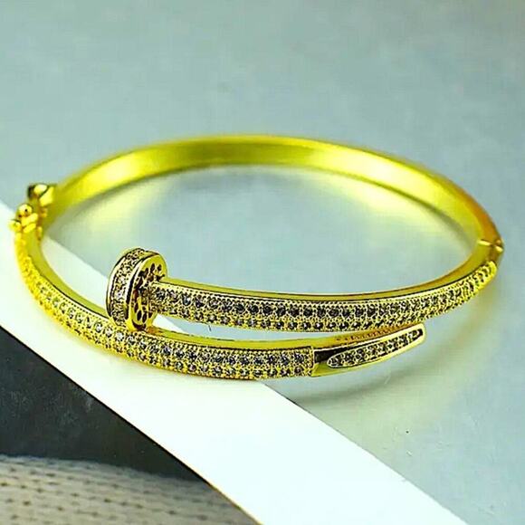 Gold Nail Zircon Screw Tack Bangle Bracelet - Picture 4 of 9
